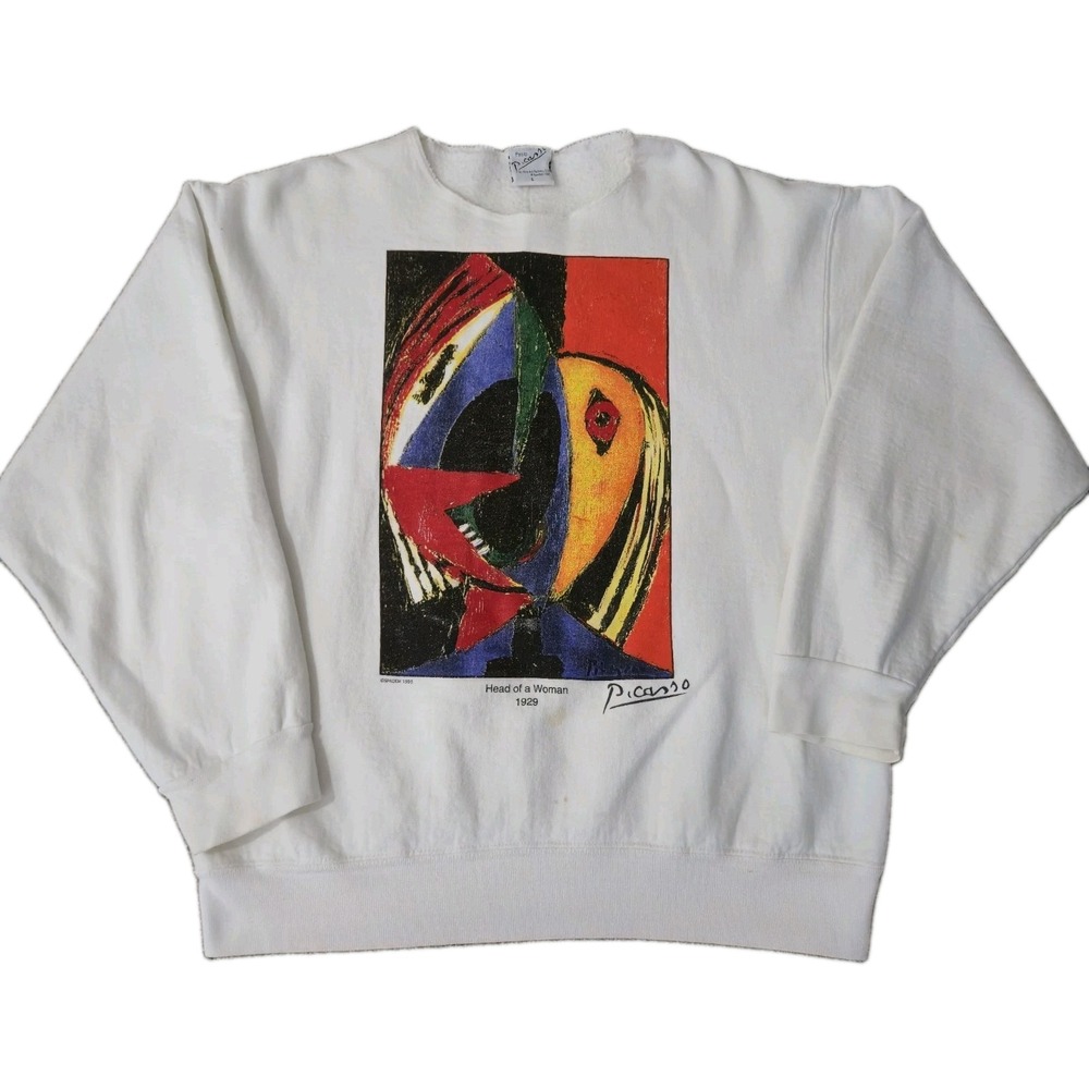 Vintage Picasso Sweatshirt Mens Large White 90s Made In USA Seated Woman Flower
